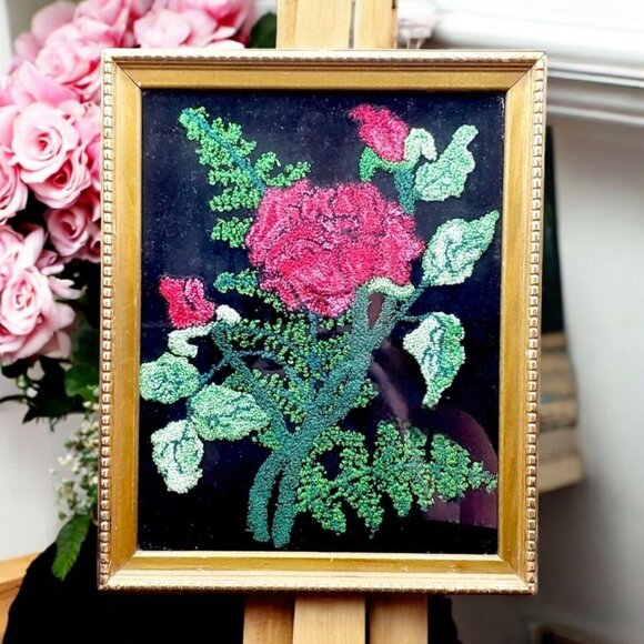 Vintage Red Roses Crewel Embroidery Art Gold Beaded Frame Floral Wall Decor - Picture 1 of 11